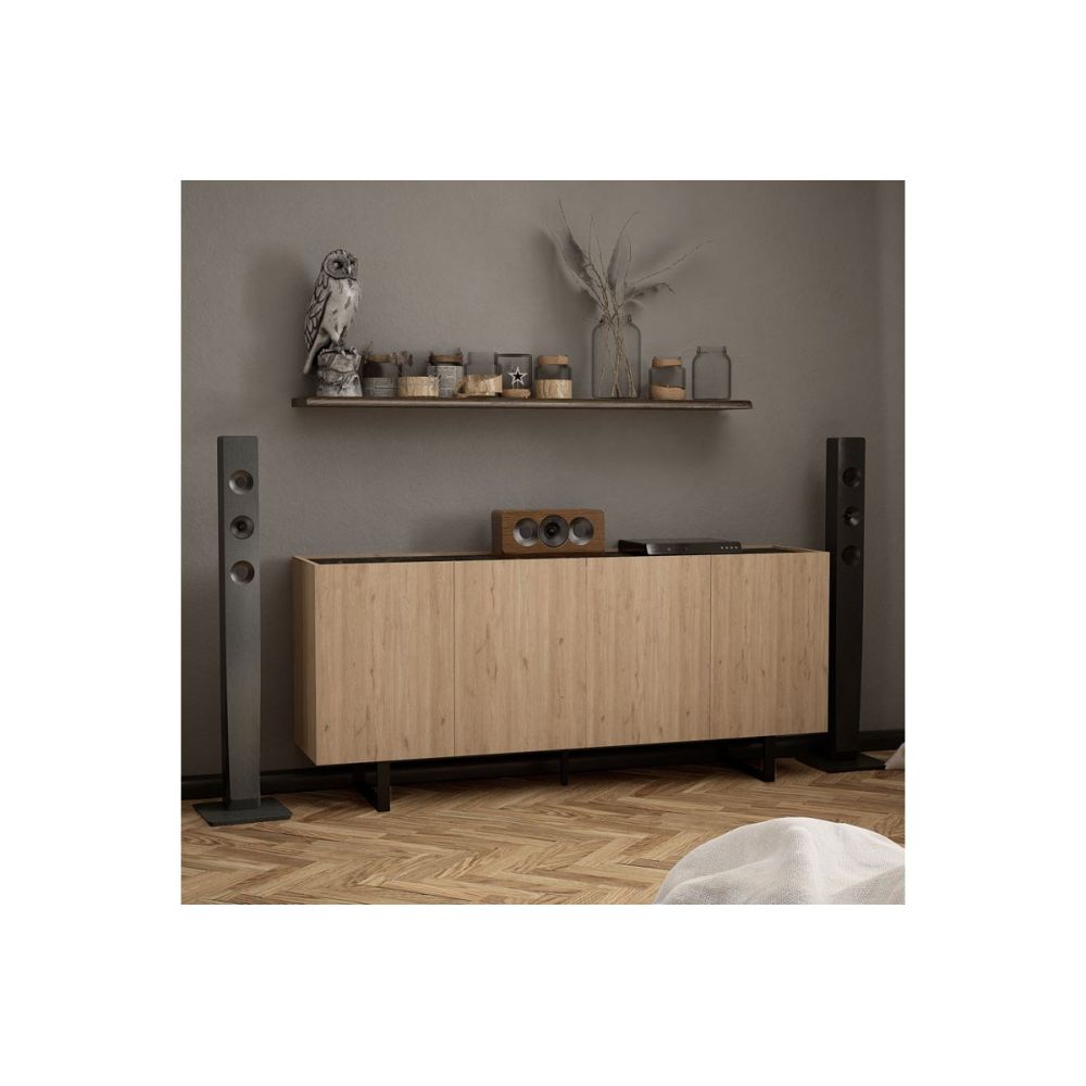 Buffet con Patas Metálicas en Melamina Roble y Negro, 180x42x80 cm, Ideal para Comedores y Salones