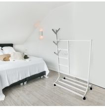 Perchero colgador multiusos con ruedas,  portatil, madera maciza color blanco