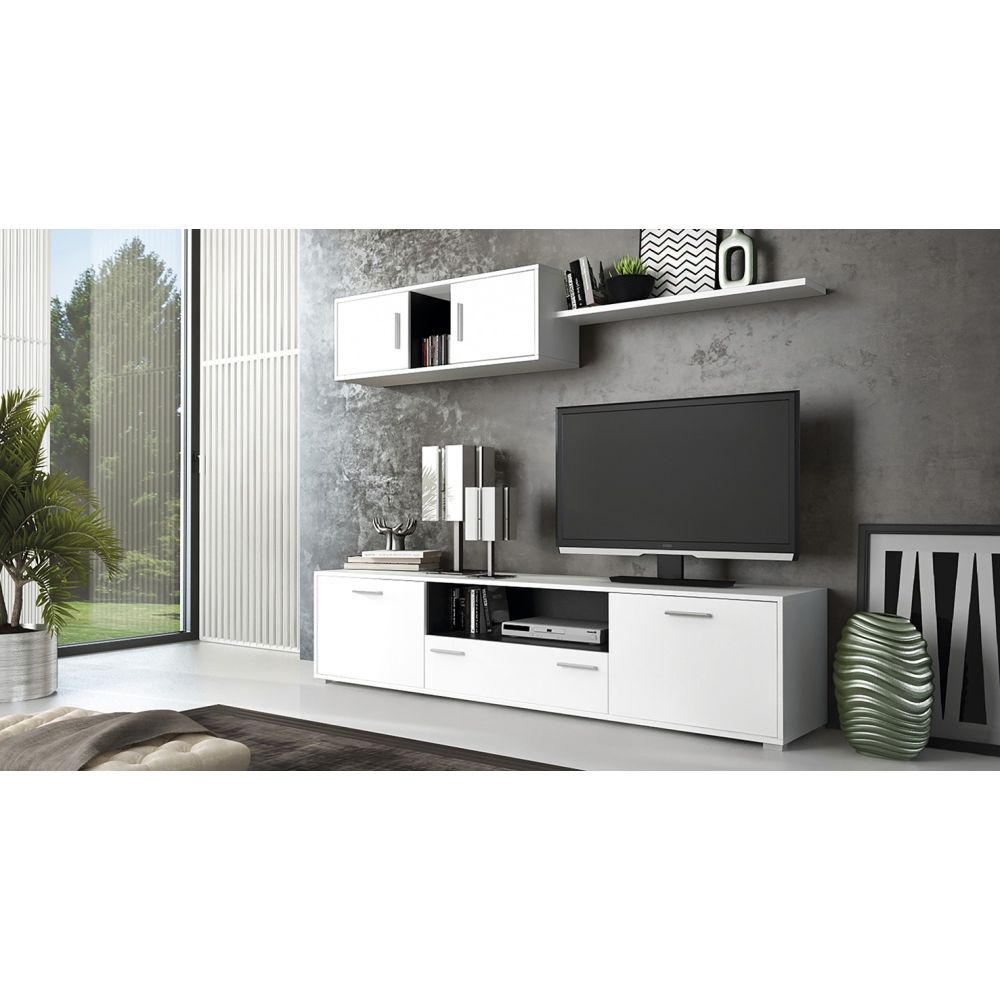 Meyvaser Mueble de salón y TV Composición para salón 200 Cm Color Blanco Gran Espacio Almacenamiento
