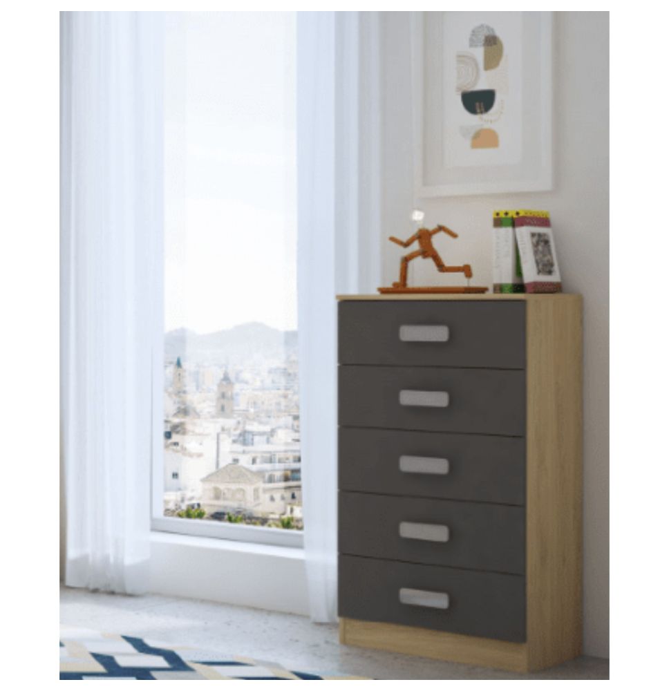Sinfonier 5 Cajones, Cómoda, Acabado en Cambrian y Grafito, Medidas: 60 cm (An) x 108,5 cm (Al) x 38 cm de (Fon) - Meyvaser