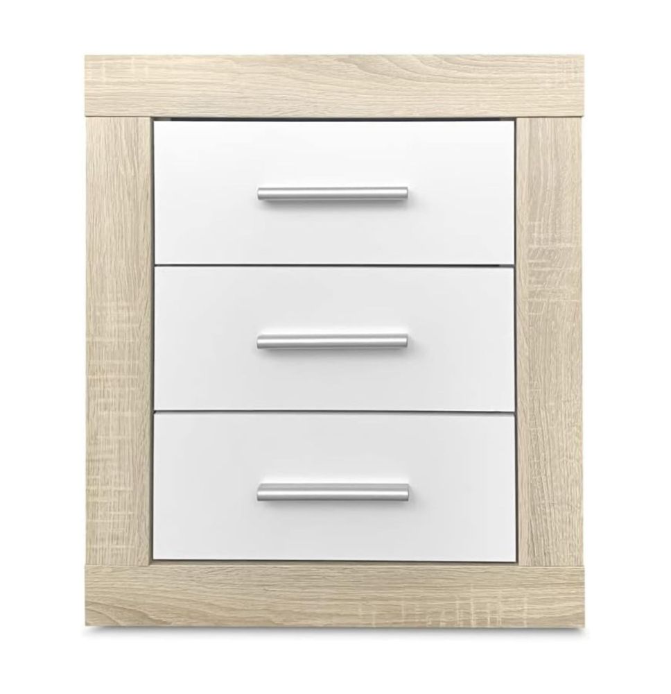 Mesita de Noche, Mesilla de Dormitorio, Acabado en Color Cambria y Blanco, Medidas: 50 cm (Lar) x 34,6 cm (Fon) x 60 cm (Al)