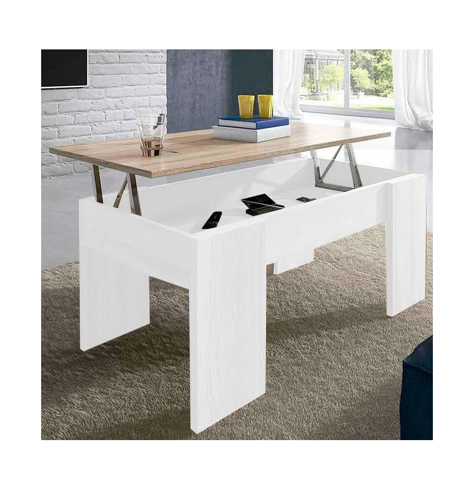 Mesa de Centro Elevable, Acabado en Color Blanco con Tapa Cambria, Medidas: 90 cm (Ancho) x 50 cm (Fondo) x 46-57 cm (Alto)