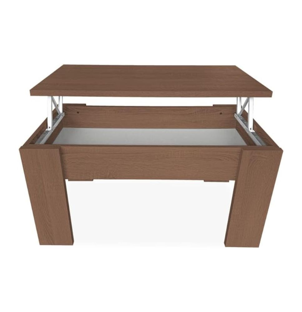 Mesa de Centro Elevable, Mesita de Salón, Acabado en Color nogal, Medidas: 90 cm (Ancho) x 50 cm (Fondo) x 46-57 cm (Alto)