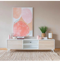 Conjunto de Salón Mueble Completo: Bajo TV, Mueble Bar, Estantería y Mueble Colgar - Estilo Roble y Blanco.