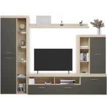 Mueble de Salón Moderno con Leds, Acabado en Cambria - Grafito, Medidas: 260 cm (Ancho) x 191 cm (Alto) 47,5 cm (Fondo)