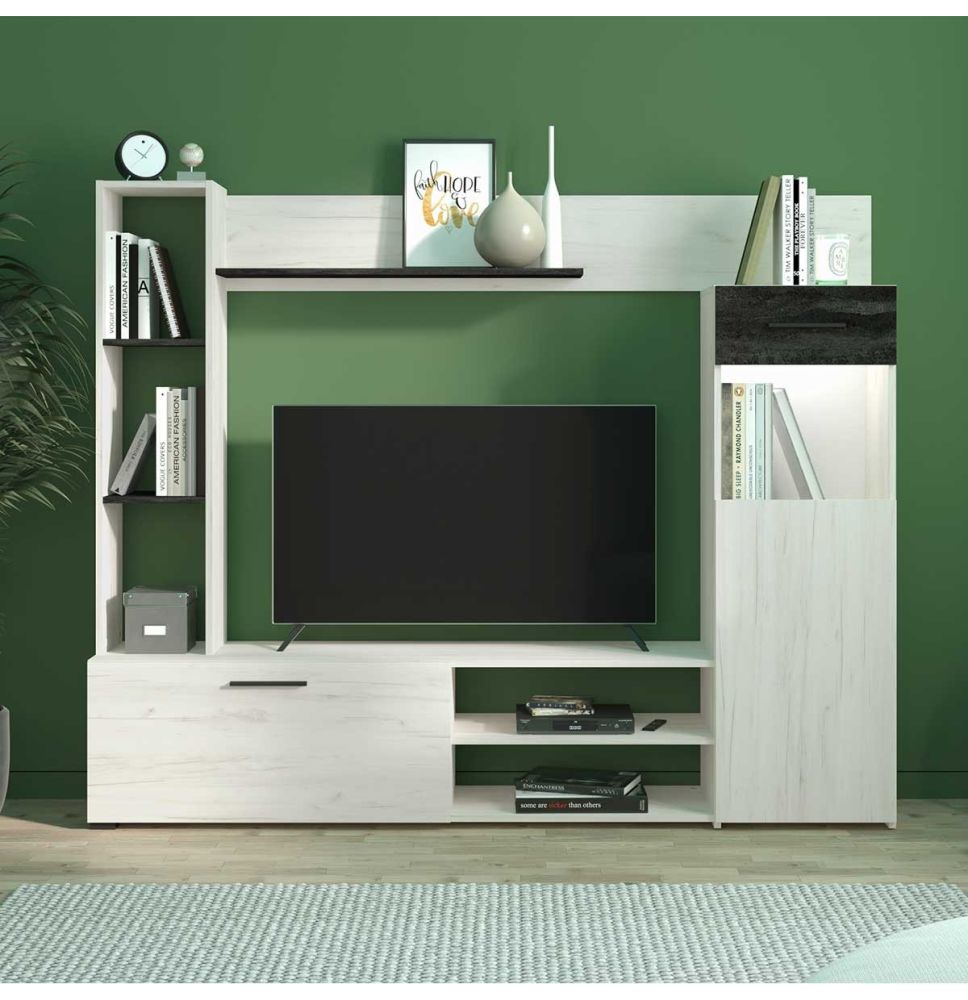 Mueble de Salón Modular Elegante | Ancho 192 cm, Alto 155.5 cm, Fondo 35 cm | Color Roble Blanco y Roble Ceniza