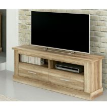 Mueble TV, Mesa de televisión 2 Puertas y 2 Estantes, Acabado en Color Cañón, Patas de Madera, 135 cm Lar x 56,6 cm Al x 41,5 Cm
