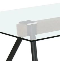 Mesa de Comedor de Cristal Templado - Patas Metálicas Negras y Travesaño de Madera | Diseño Moderno | 140x90 x 75 cm