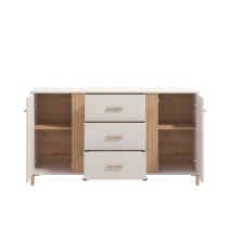 Aparador en Melamina Cashmere y Roble Artisan con Puertas, Mueble de Almacenaje - Medidas 163,5x40x90,5 cm