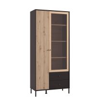 Vitrina Alta en Roble Artisan y Negro con Puerta Estrecha, Puerta Acristalada y 2 Cajones - Medidas 86,5x40x195 cm