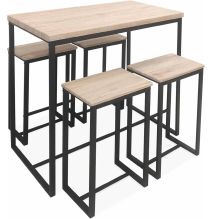 Conjunto de Mesa y 4 Taburetes con Estructura Metálica, Tapa y Asientos en MDF Roble - Mesa 100x60x86 cm, Taburete 43x30x60 cm