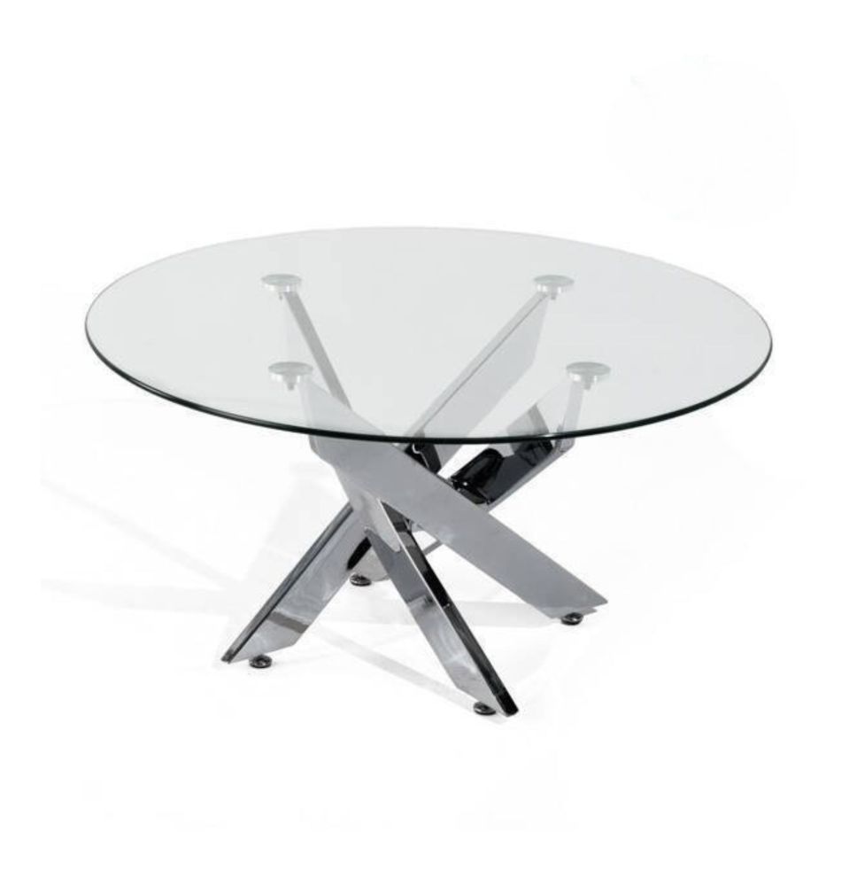 Mesa de Centro Redonda con Tapa de Cristal 8 mm y Patas Metálicas Cruzadas en Acabado Cromo - Mueble Moderno - Medidas 80x40 cm
