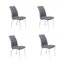 Juego de 4 Sillas Tapizadas en Símil Piel Gris Claro  con Patas Cromadas, Asiento y Respaldo Ergonómicos- Medidas 43x63x97 cm