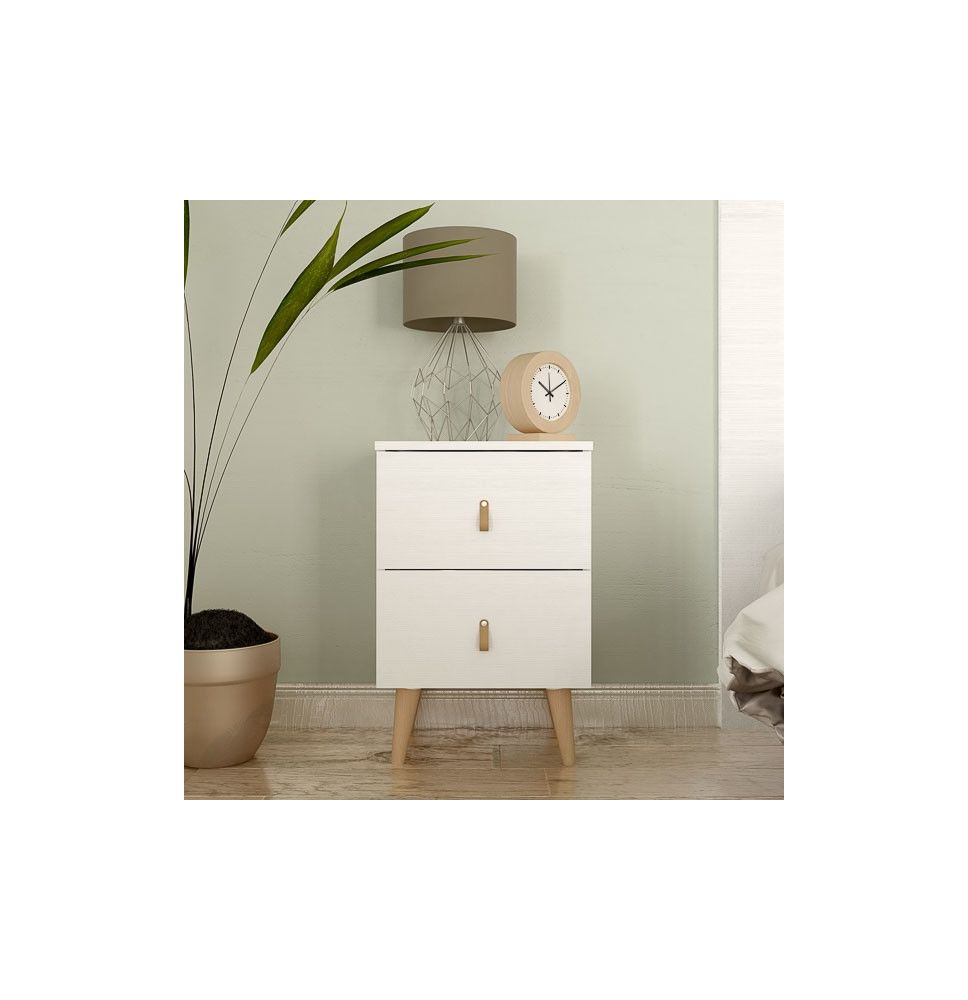 Mesita de Noche 2 cajones, Mesilla de Noche,  Color Blanco, Medidas: 40 cm (Ancho) x 34 cm (Fondo) x 61,6 cm (Alto)