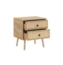 Mesita de Noche de Tablero Aglomerado y Ratán, 50x39x55 cm, 2 Cajones, Estilo Natural