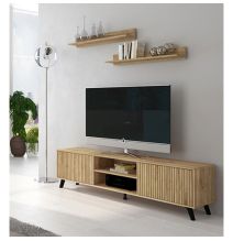 Mueble de TV + 2 Estantes, 2 Compartimentos y 2 Puertas,Mauvella - Rayas, 49cm(Alto)x 180cm (Ancho) x 40cm (Fondo)