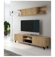 Mueble de TV de Diseño Nórdico + Modulo Alto, 2 Compartimentos y 2 Puertas,Mauvella Rayas, 49cm(Al) x 180cm (Anc) x 40cm (Fon)