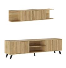 Conjunto de Salón Mueble Completo: Bajo TV, Vitrina, Estantería Decorativa y 2 Estantes - Color Mauvella Rayas