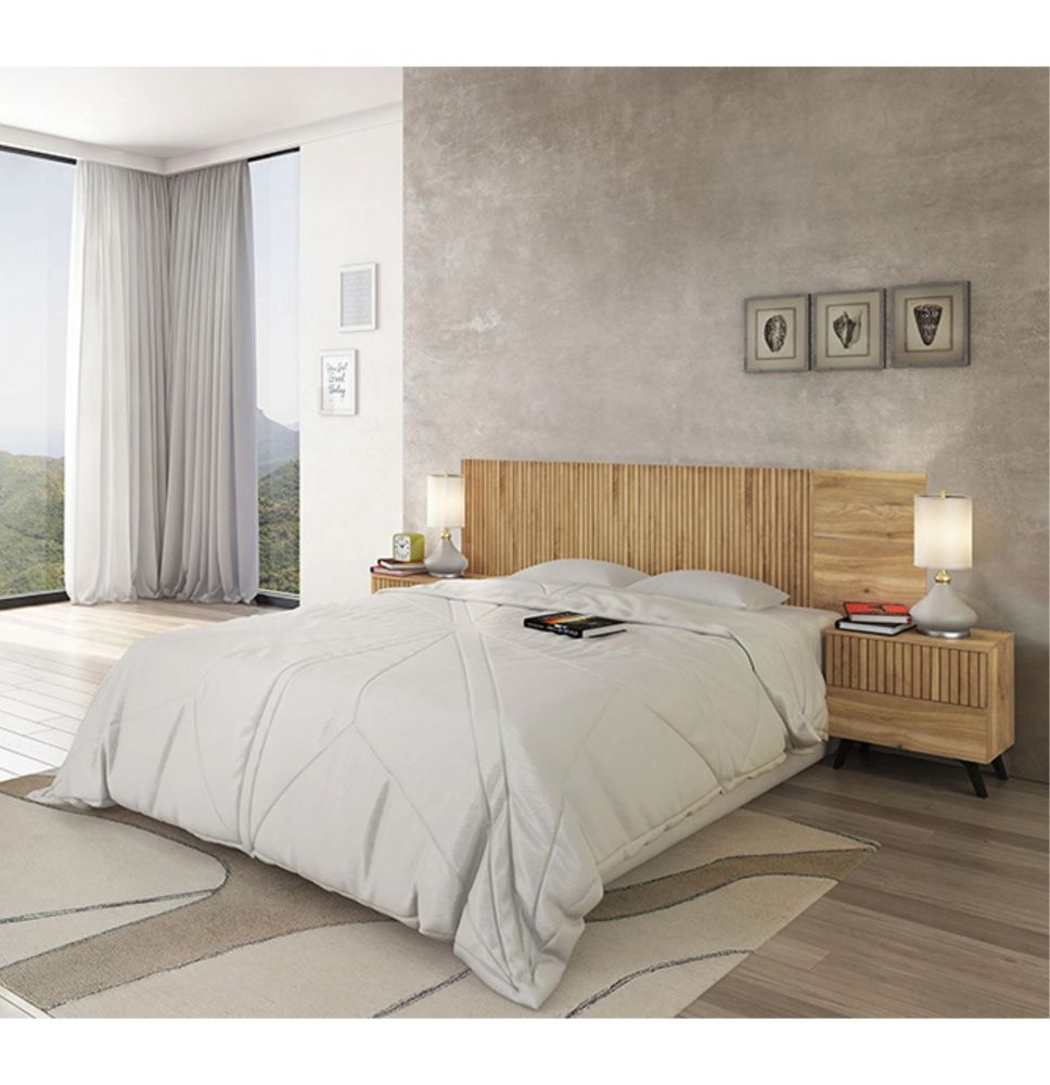 Cabezal + Dos Mesitas de Noche, Cabecero y Mesitas, Acabado en Mauvella - Rayas, Medidas: 210 cm (An) x 55 cm (Al) x 35 cm (Fon)